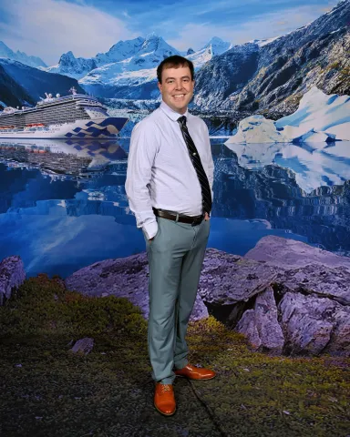 Personal picture in front of Alaska cruise backdrop